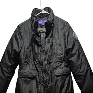 Madden Girl Women's Black Winter Jacket L Embroidered Patch Casual coat rain EUC